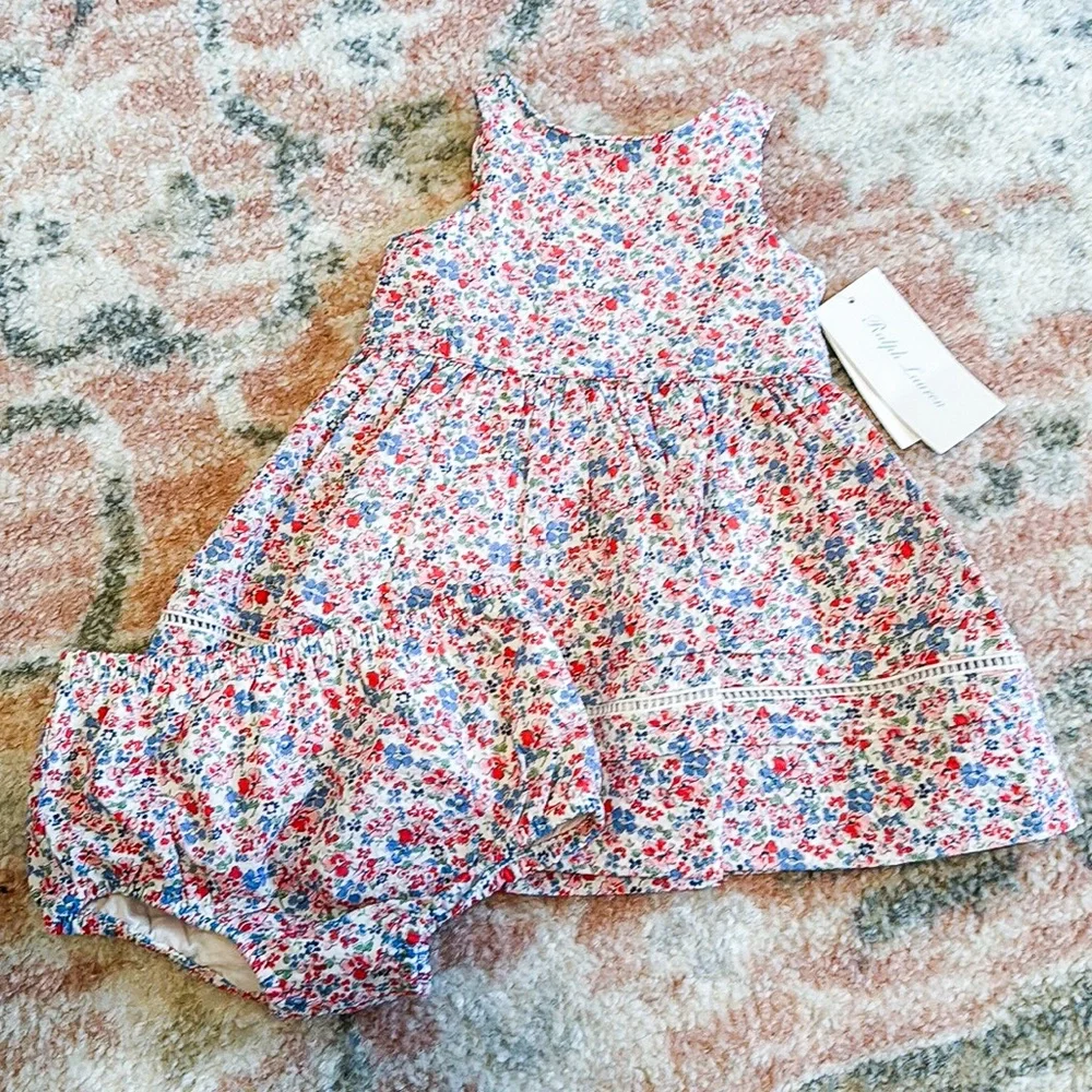 Ralph Lauren Floral-Print Seersucker Dress W/ Bloomers, 3M